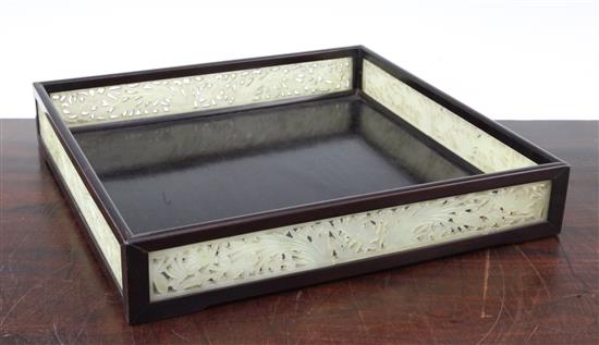 A Chinese rosewood and bowenite mounted square tray, early 20th century, 33cm. sq.